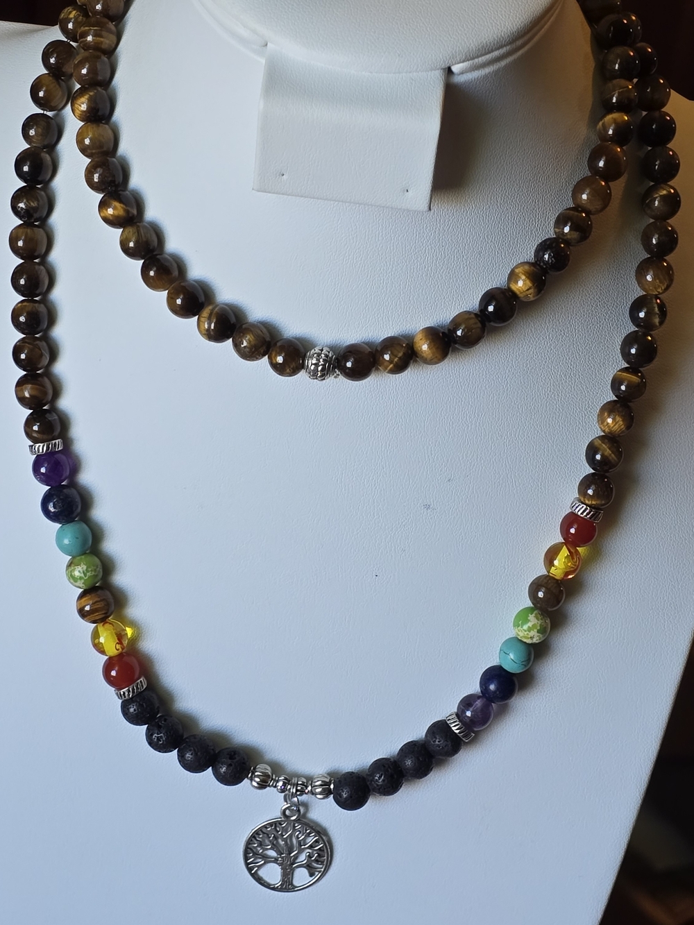 Tiger Eye and Multicolor Beaded Necklace with Tree of Life Pendant